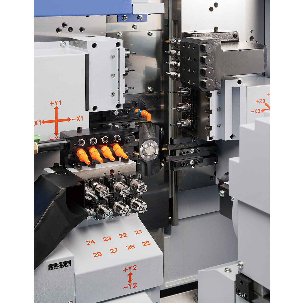 Y-axis tool station detail showing indexed cutting tools and collet holders